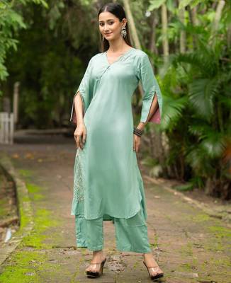 Women sea green premium crystal silk fine hand embroidery thread running stitch work on the neckline and hem kurta set 1