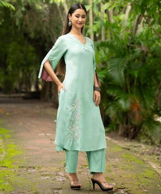 Women sea green premium crystal silk fine hand embroidery thread running stitch work on the neckline and hem kurta set 3