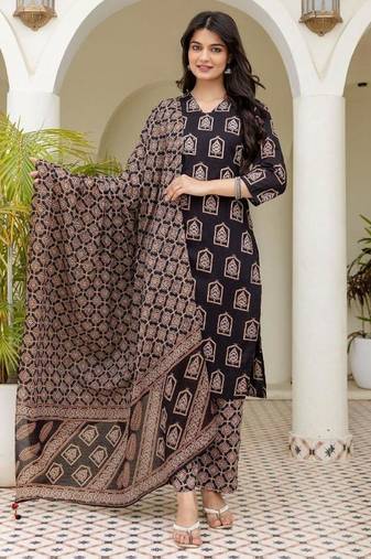 Women balck ajrakh cotton neck has detailing all work over sleeves  kurta set