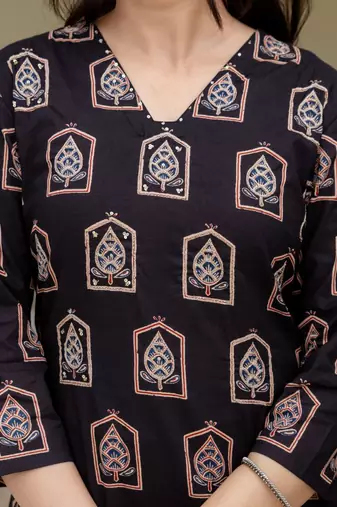 Women balck ajrakh cotton neck has detailing all work over sleeves  kurta set