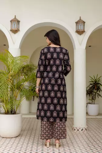 Women balck ajrakh cotton neck has detailing all work over sleeves  kurta set