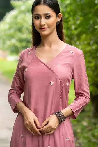 Women dusty rose pink premium crystal silk enhanced  kurta set