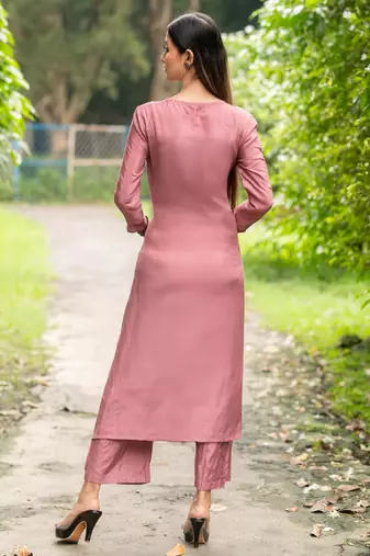 Women dusty rose pink premium crystal silk enhanced kurta set