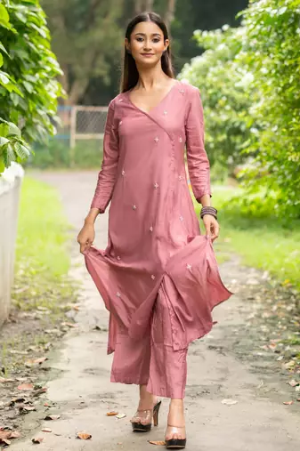 Women dusty rose pink premium crystal silk enhanced kurta set
