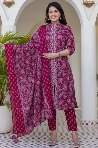 Women magenta cotton delicate sequence and moti embellishments on neckline, kurta set