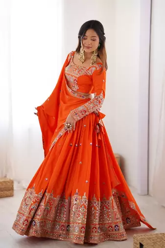 Orange crepe silk lehenga choli for women
