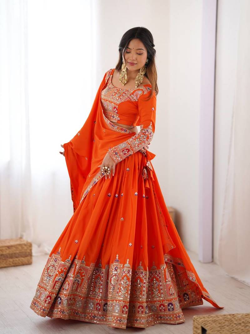 Orange crepe silk lehenga choli for women