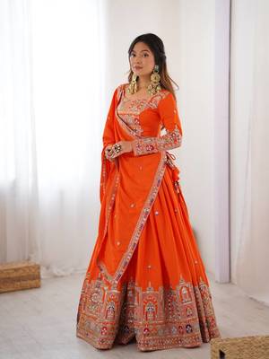 Orange crepe silk blend lehenga choli for women 2