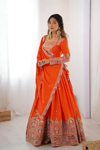 Orange crepe silk blend lehenga choli for women