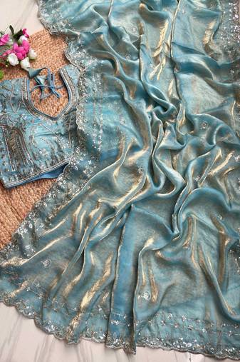 Sky Blue Color  embroidery  sequence work sattin  silk saree