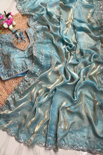 Sky Blue Color  embroidery  sequence work sattin  silk saree