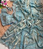 Sky Blue Color  embroidery  sequence work sattin  silk saree