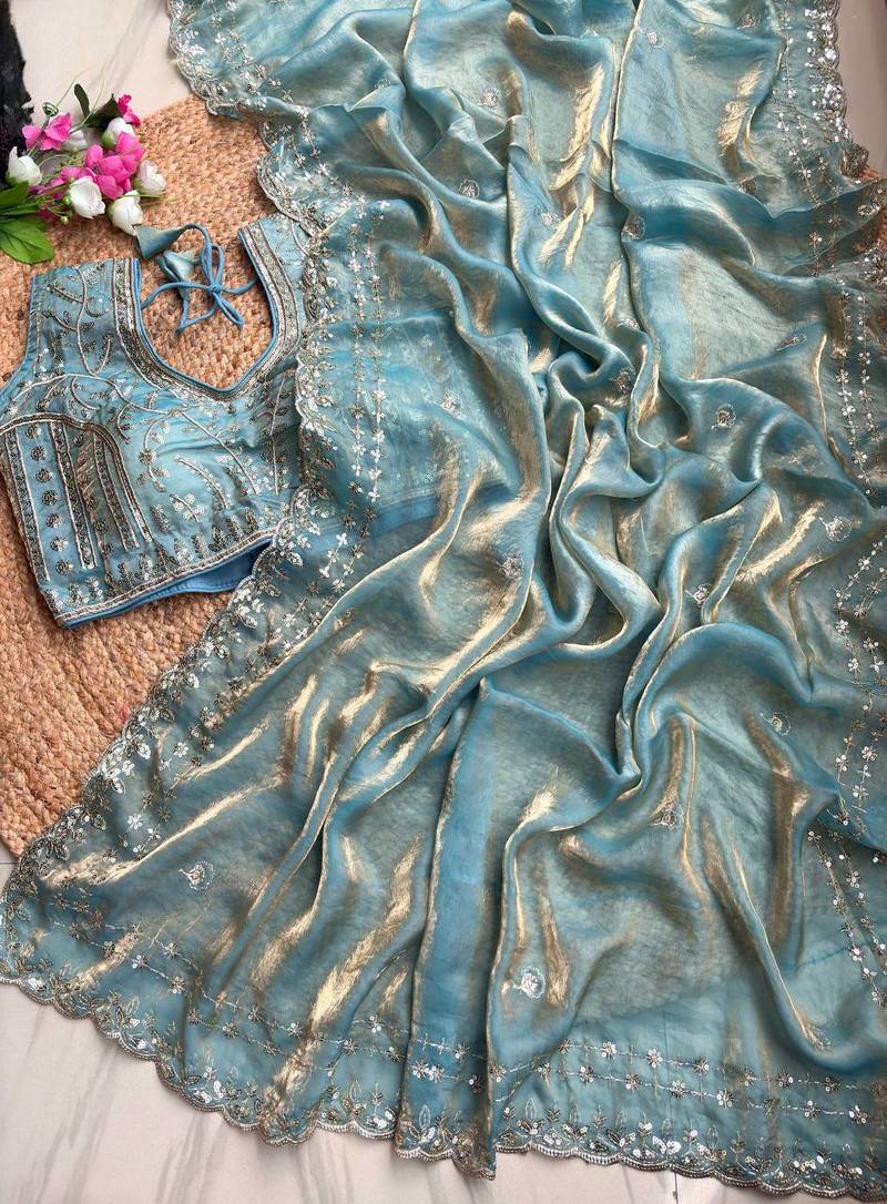 Sky Blue Color  embroidery  sequence work sattin  silk saree