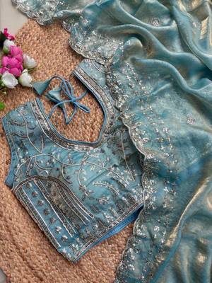 Sky Blue Color  embroidery  sequence work sattin  silk saree 2