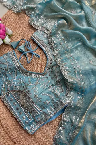Sky Blue Color  embroidery  sequence work sattin  silk saree