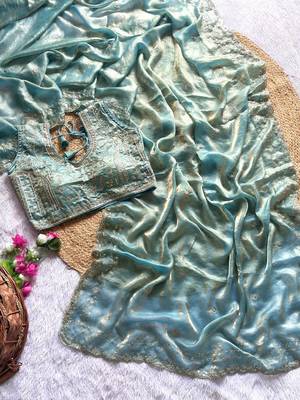 Sky Blue Color  embroidery  sequence work sattin  silk saree 3