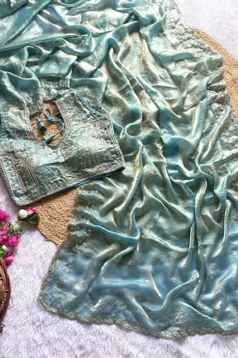 Sky Blue Color  embroidery  sequence work sattin  silk saree