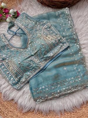 Sky Blue Color  embroidery  sequence work sattin  silk saree 4