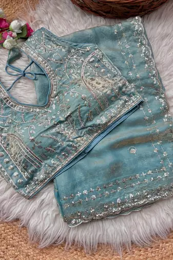 Sky Blue Color  embroidery  sequence work sattin  silk saree