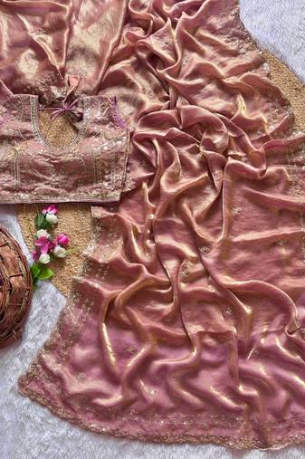 Peach  Color  embroidery  sequence work sattin  silk saree
