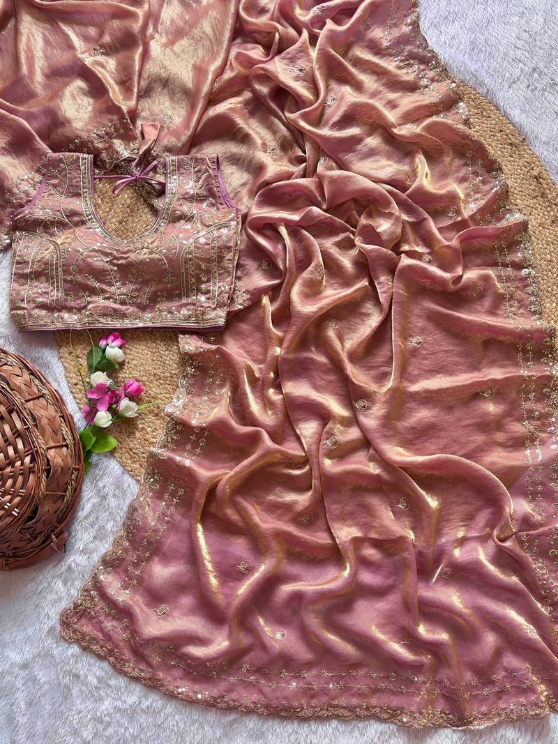 Peach  Color  embroidery  sequence work sattin  silk saree