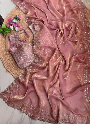 Peach  Color  embroidery  sequence work sattin  silk saree 2