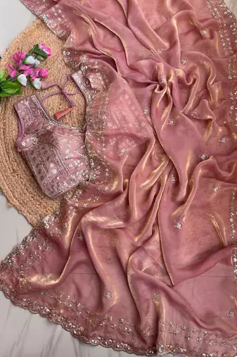 Peach  Color  embroidery  sequence work sattin  silk saree