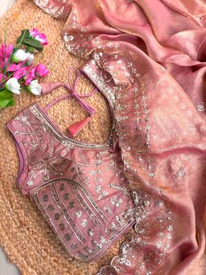 Peach  Color  embroidery  sequence work sattin  silk saree 3