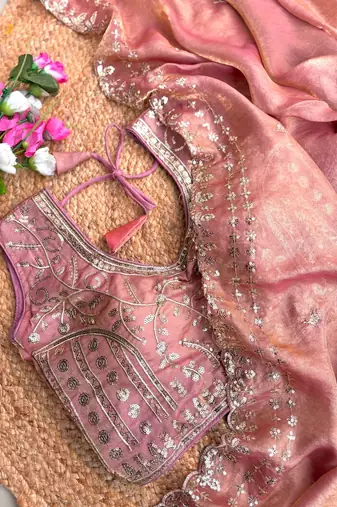 Peach  Color  embroidery  sequence work sattin  silk saree