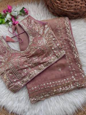 Peach  Color  embroidery  sequence work sattin  silk saree 4