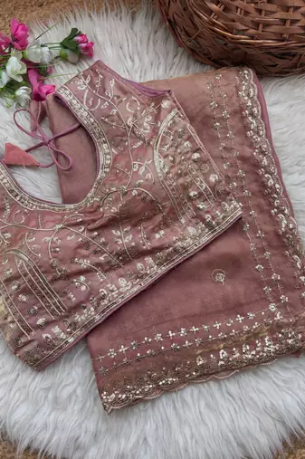 Peach  Color  embroidery  sequence work sattin  silk saree