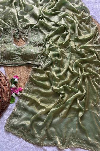 Sea Green Color  embroidery  sequence work sattin  silk saree