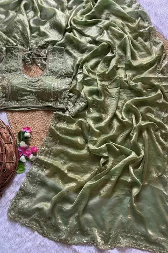 Sea Green Color  embroidery  sequence work sattin  silk saree