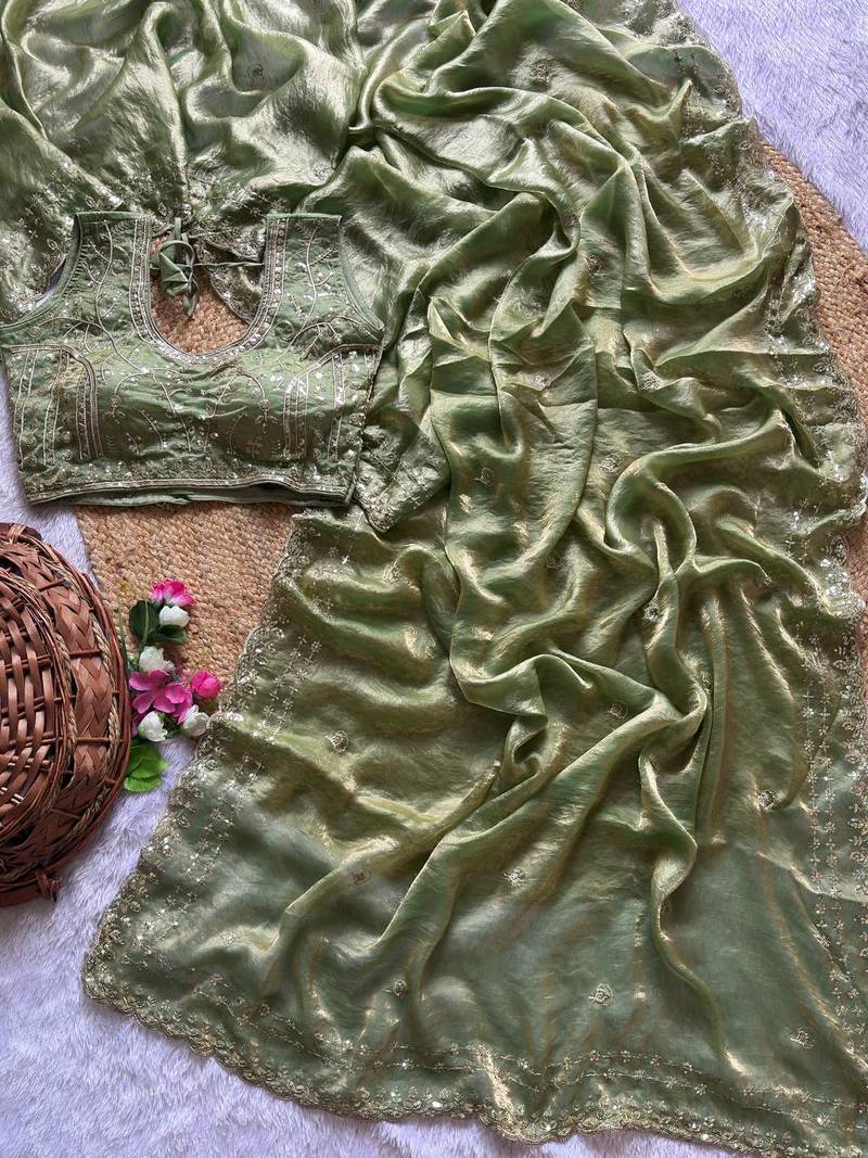 Sea Green Color  embroidery  sequence work sattin  silk saree