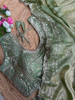 Sea Green Color  embroidery  sequence work sattin  silk saree 2