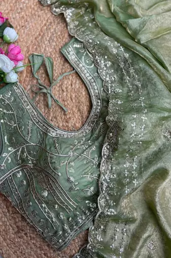 Sea Green Color  embroidery  sequence work sattin  silk saree