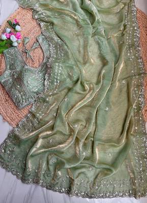 Sea Green Color  embroidery  sequence work sattin  silk saree 3