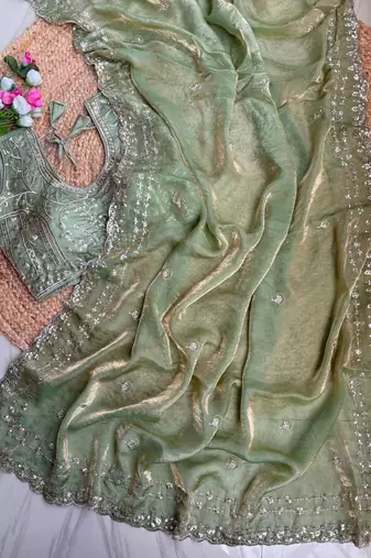 Sea Green Color  embroidery  sequence work sattin  silk saree
