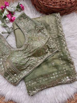 Sea Green Color  embroidery  sequence work sattin  silk saree 4