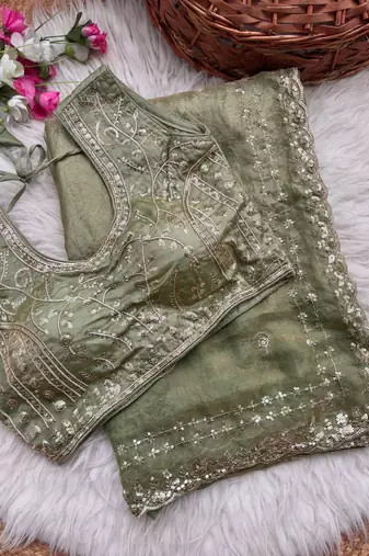 Sea Green Color  embroidery  sequence work sattin  silk saree