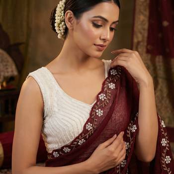 Maroon Color Beads And White Pearl Work Silk Blend Saree 2