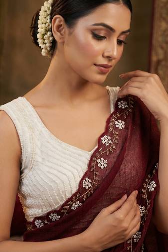 Maroon Color Beads And White Pearl Work Silk Blend Saree