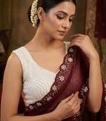 Maroon Color Beads And White Pearl Work Silk Blend Saree
