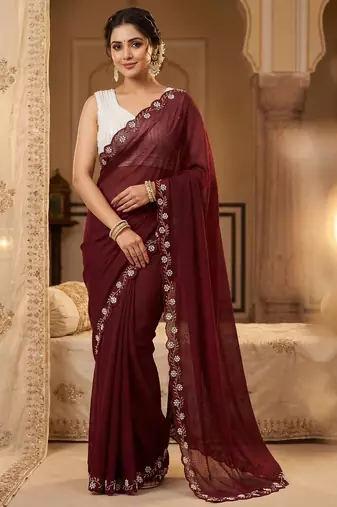 Maroon Color Beads And White Pearl Work Silk Blend Saree