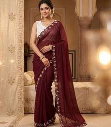 Maroon Color Beads And White Pearl Work Silk Blend Saree