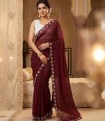 Maroon Color Beads And White Pearl Work Silk Blend Saree
