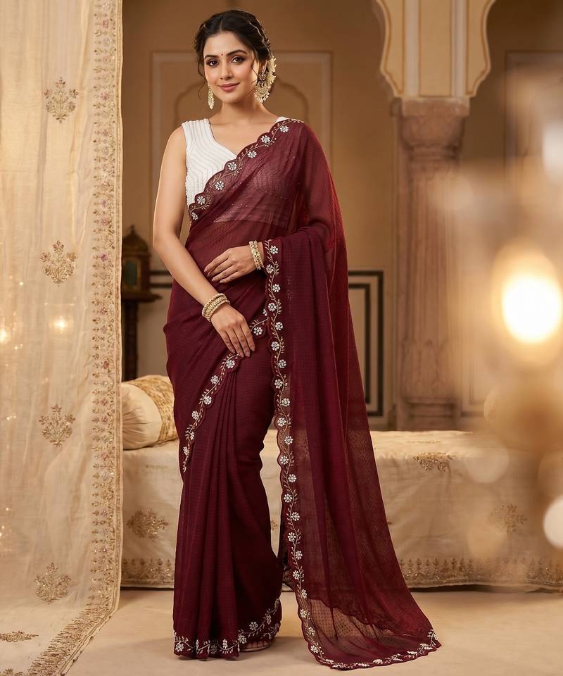 Maroon Color Beads And White Pearl Work Silk Blend Saree