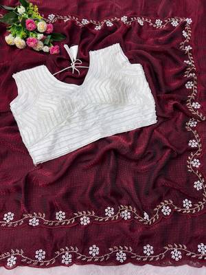 Maroon Color Beads And White Pearl Work Silk Blend Saree 3