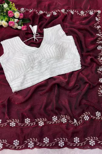 Maroon Color Beads And White Pearl Work Silk Blend Saree