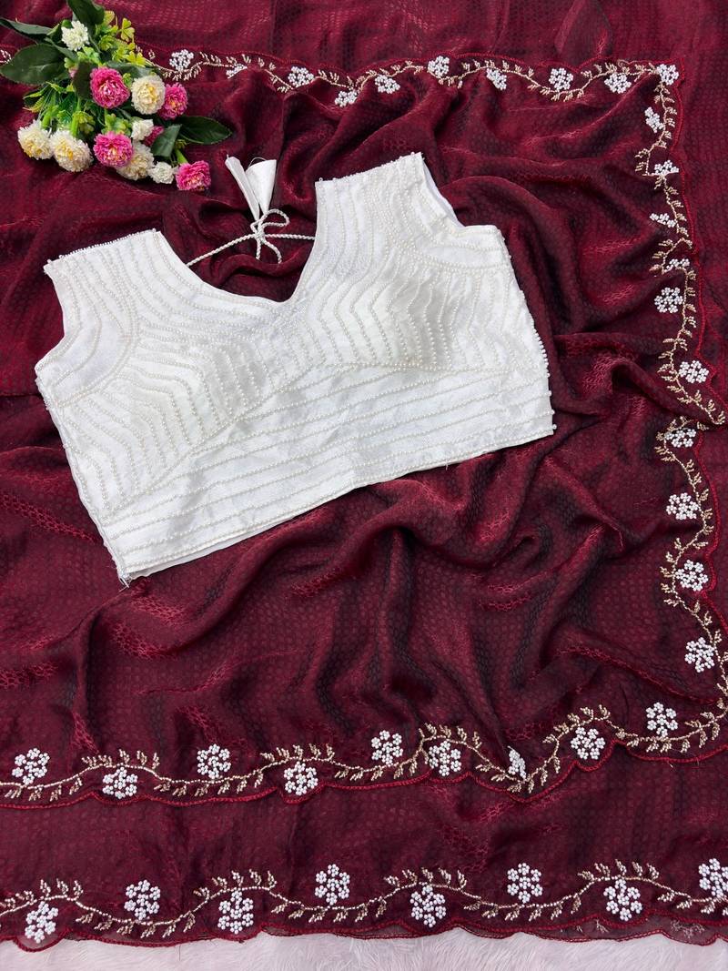 Maroon Color Beads And White Pearl Work Silk Blend Saree